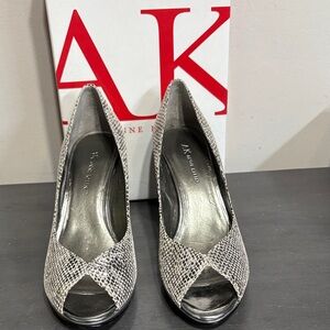 Anne Klein Akesteria Snakeskin Peep Toe Heels - Black and Silver s8